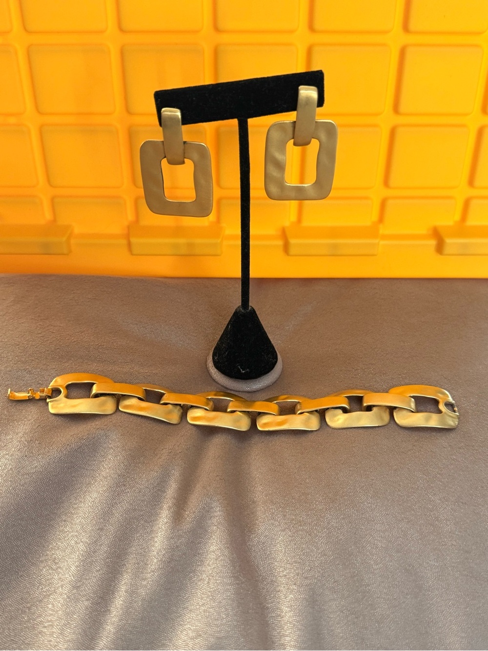 Gold-Tone Link Bracelet and hammered pierced Earrings Set
